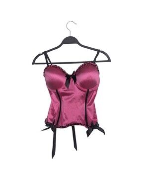 Vintage‎ Y2K Morbid Threads Pink Satin Black Trim Ribbon Corset Bustier Size 36C